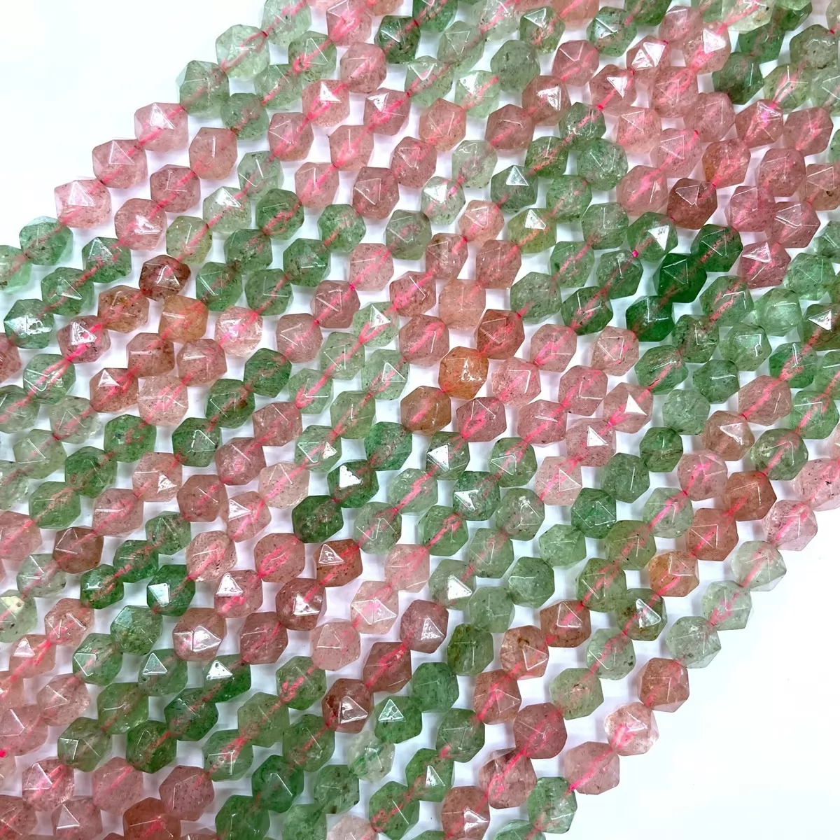 Pink and Green Strawberry, Star Faceted Round,8-10mm, Approx 380mm