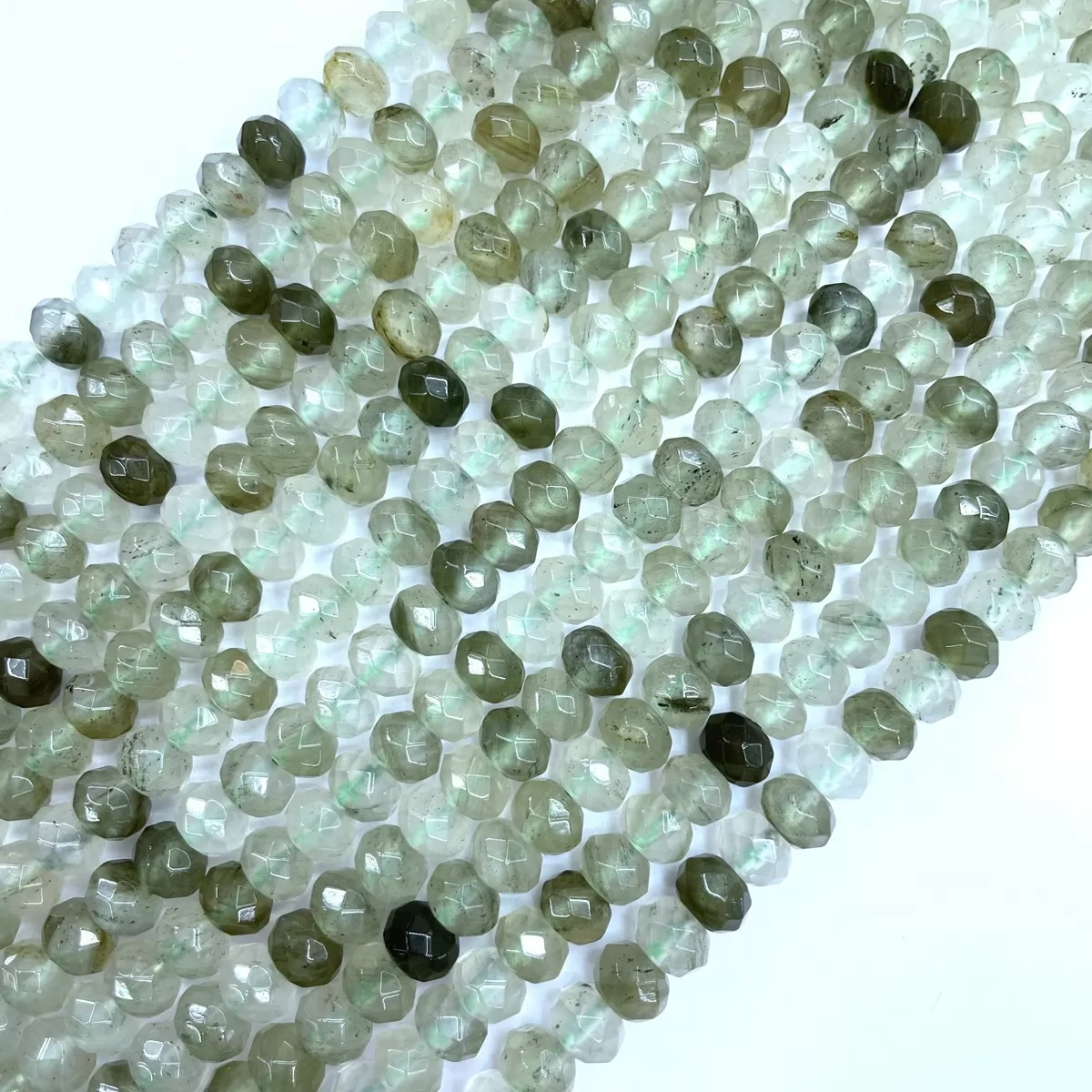 Green Rutilated Quartz, Faceted Rondelle, 6-10mm, Approx 380mm