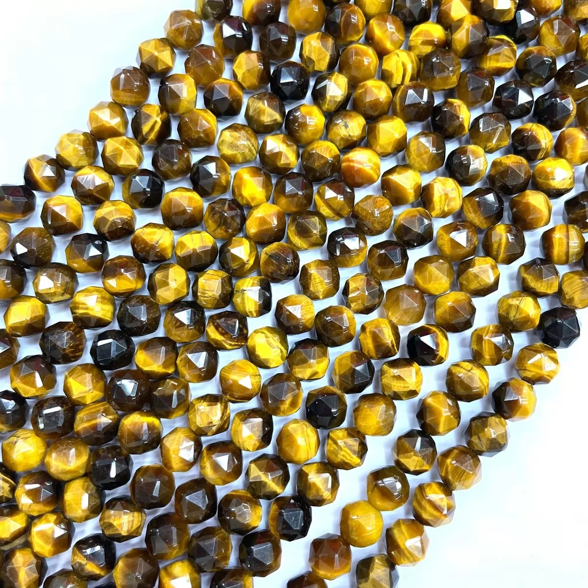 Yellow Tiger Eye, Diamond Faceted Round,8-10mm, Approx 380mm