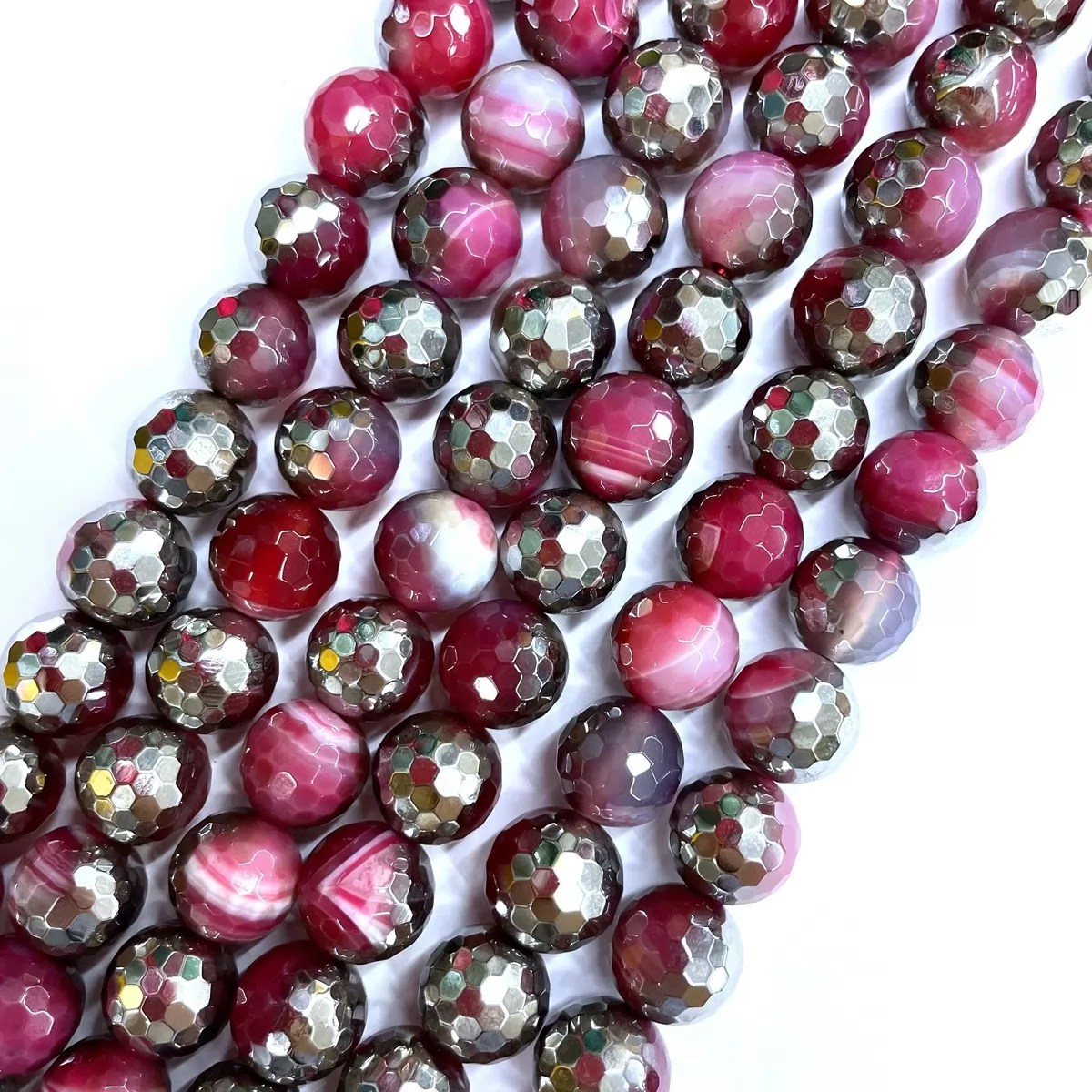 Pink Banded Agate With Silver Coating, Faceted Round, Approx 6mm-12mm, Approx 380mm