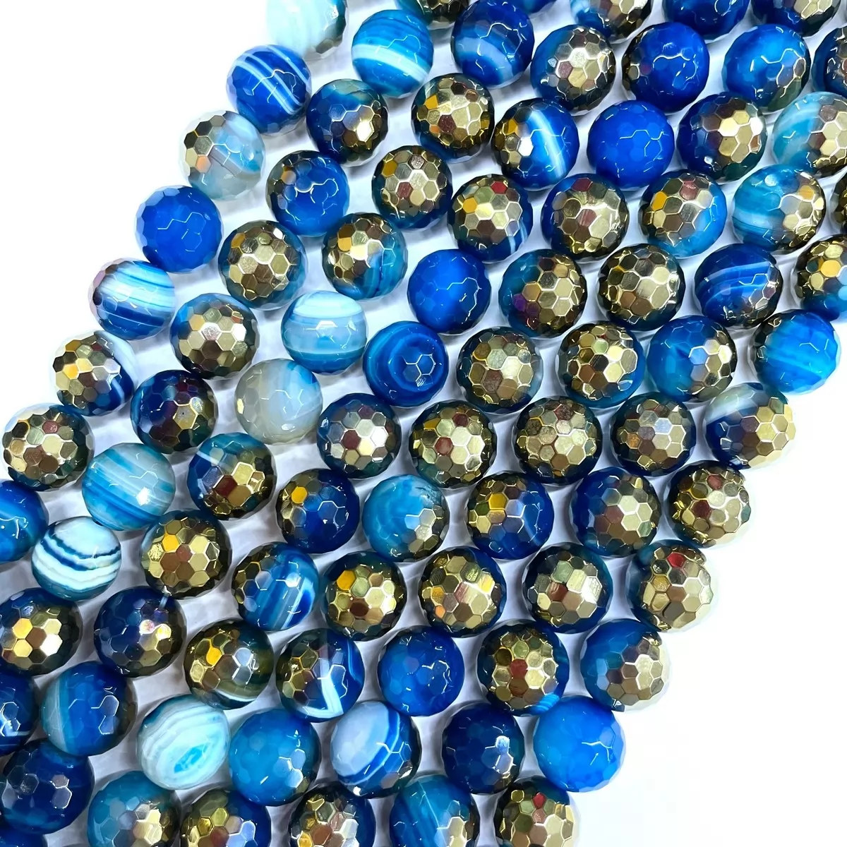 Blue Banded Agate With Gold Coating, Faceted Round, Approx 6mm-12mm, Approx 380mm