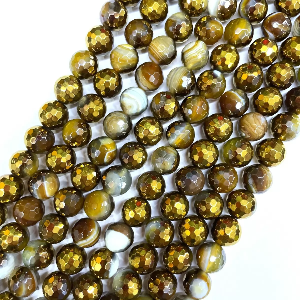 Brown Banded Agate With Gold Coating, Faceted Round, Approx 6mm-12mm, Approx 380mm