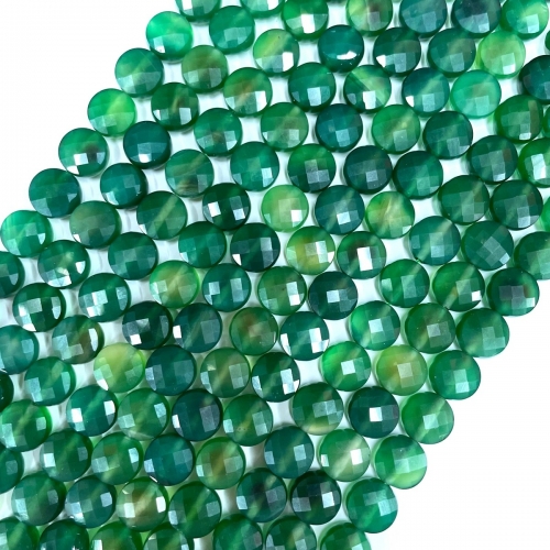 Green Agate, Faceted Coin, 10mm, Approx 380mm