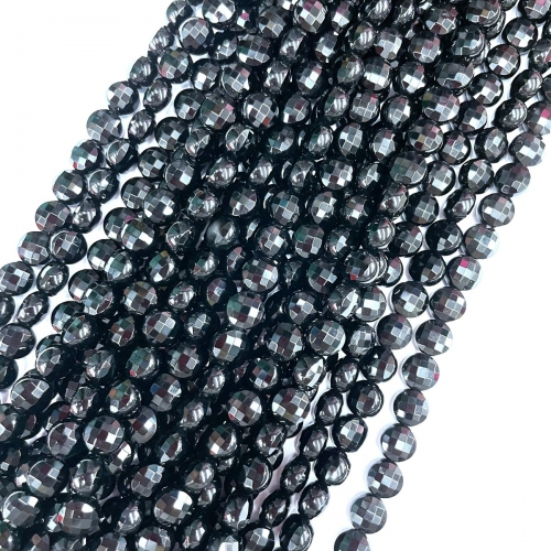 Black Tourmaline, Faceted Coin, 8mm, Approx 380mm