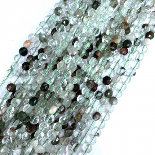 Green Phantom Quartz, Faceted Coin, 6mm, Approx 380mm