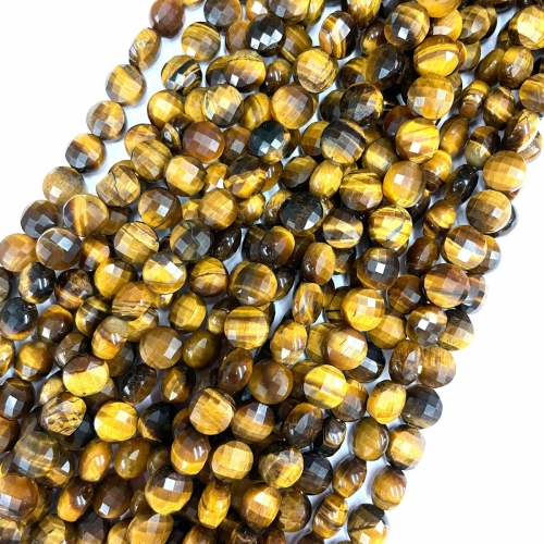 Yellow Tiger Eye, Faceted Coin, 8mm, Approx 380mm