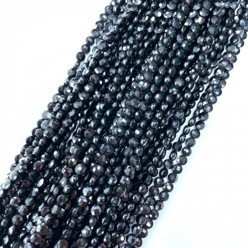 Black Tourmaline, Faceted Coin, 4mm, Approx 380mm
