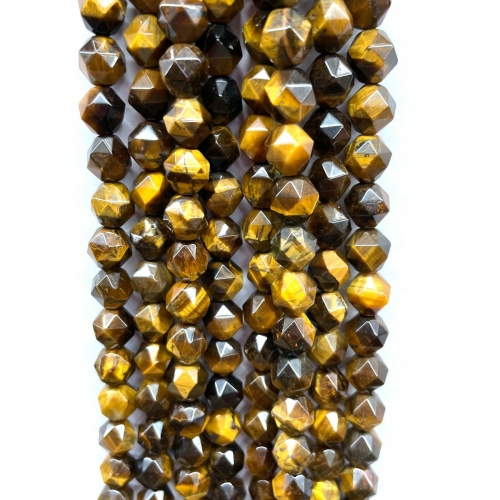 Yellow Tiger Eye, Star Faceted Round, 5-6mm/7-8mm/9-10mm, Approx 380mm