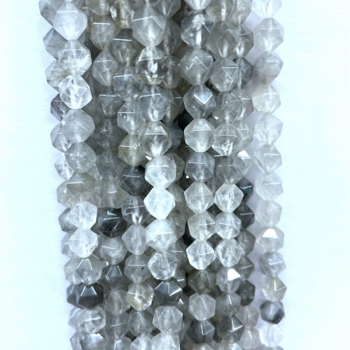 Grey Quartz, Star Faceted Round, 5-6mm/7-8mm/9-10mm, Approx 380mm
