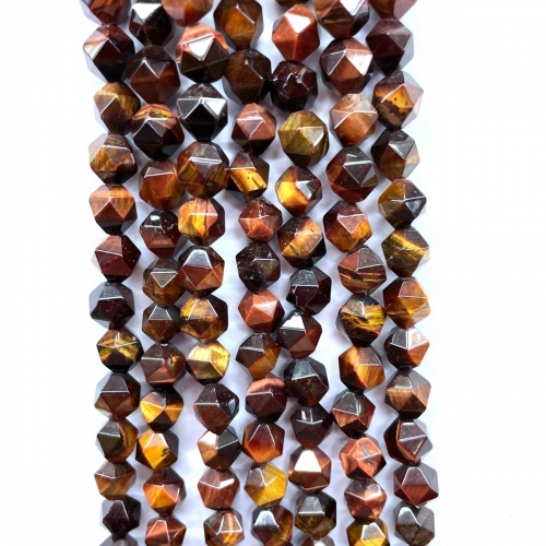 Yellow Red Tiger Eye, Star Faceted Round, 5-6mm/7-8mm/9-10mm, Approx 380mm