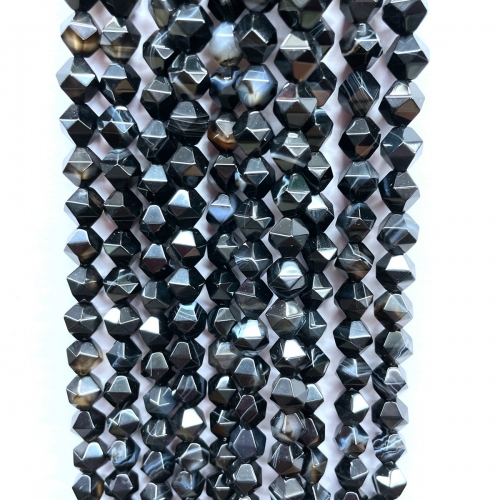 Black Banded Agate, Star Faceted Round, 5-6mm/7-8mm/9-10mm, Approx 380mm