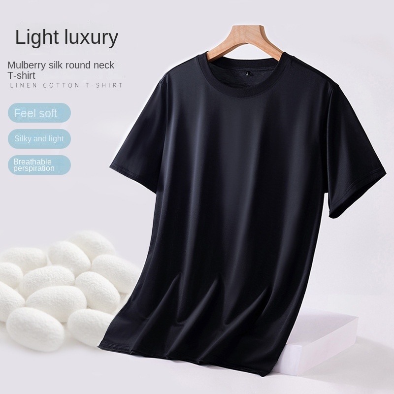 Mulberry silk short-sleeved t-shirt men's high-end solid color round neck bottoming spring and summer new loose ice-feeling short-sleeved  064/ 2023006-2