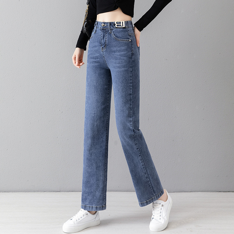 Straight jeans women's spring and autumn 2 high waist loose large size fat elastic waist wide leg pants  065/ A629