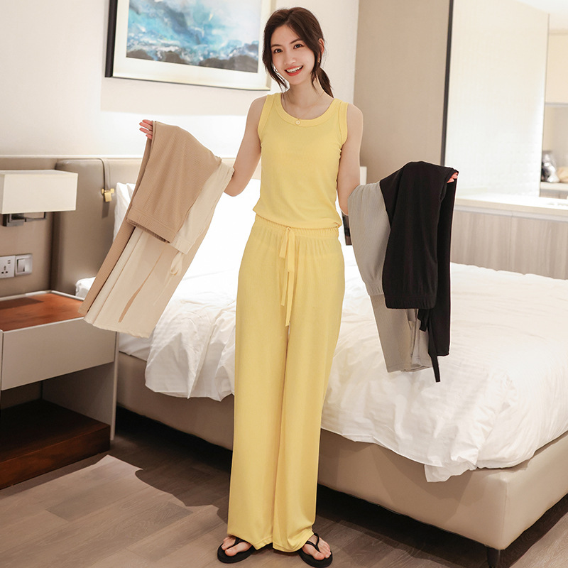 Summer solid color ice silk complexion wide-leg pants knitted suit 066/ WF2005 keteiku