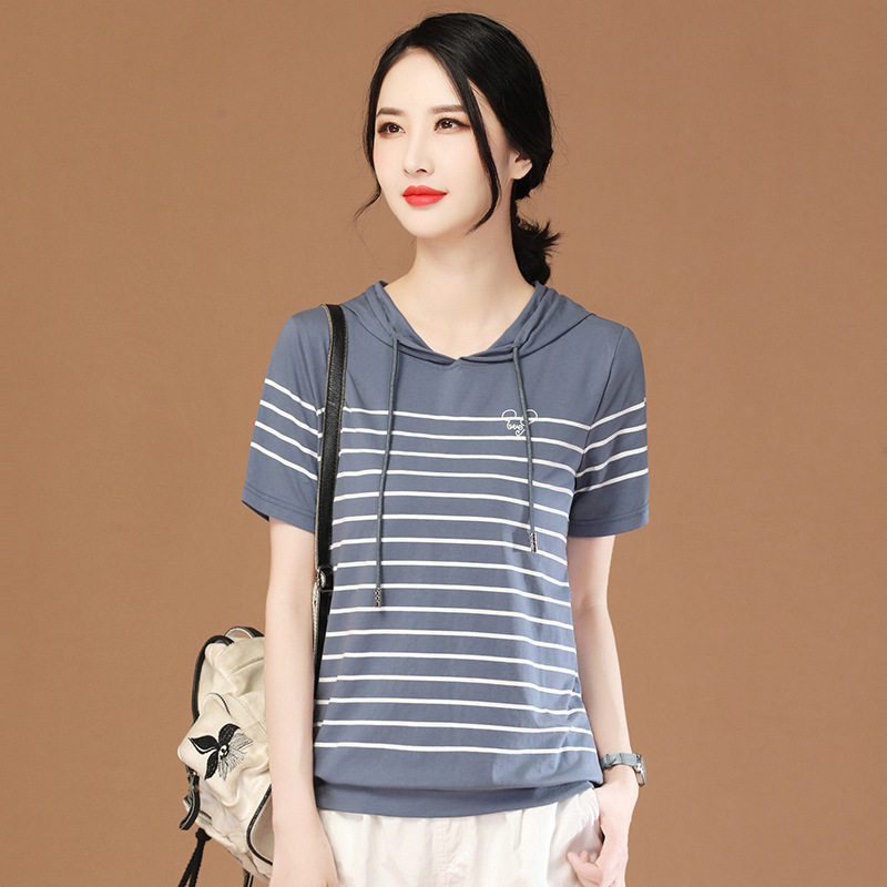 Hooded print stripe short-sleeved t-shirt women's loose T-shirt top KN2171 / 067