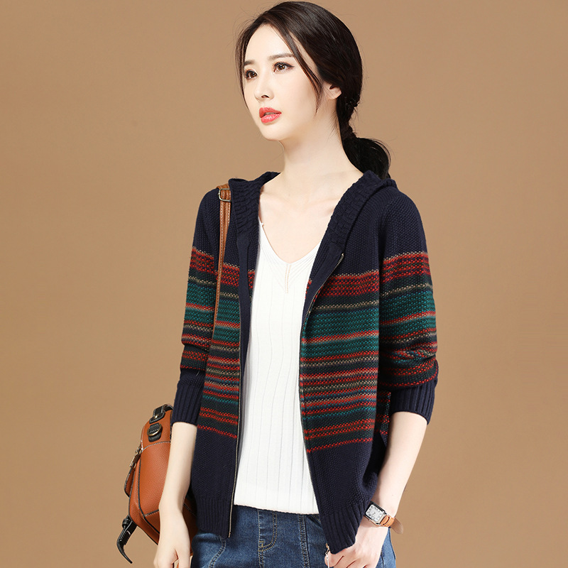 Vintage striped hooded knitted cardigan spring and autumn women's sweater coat long-sleeved top SW8800 /067