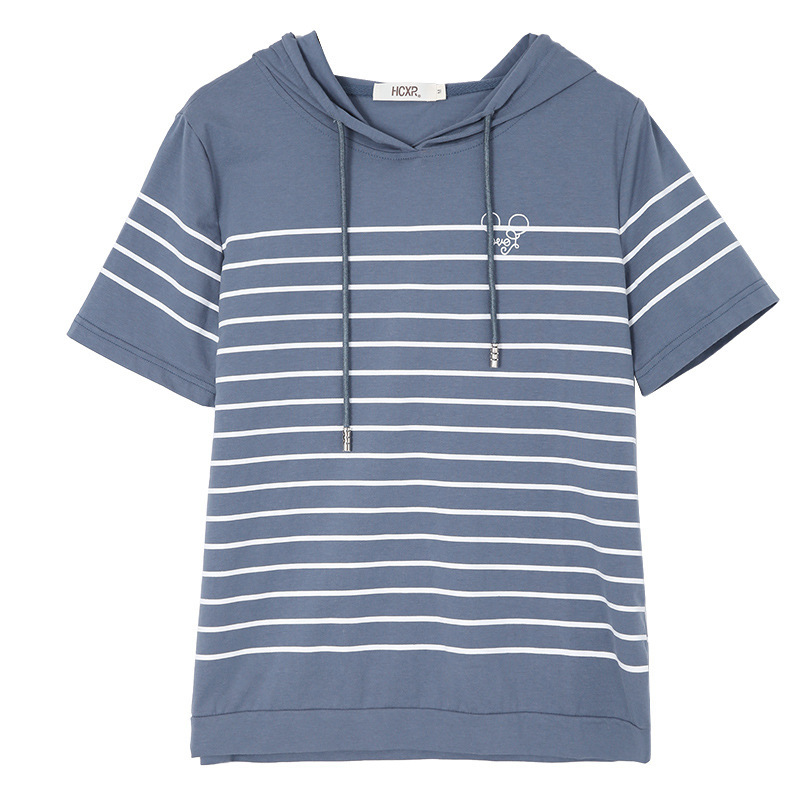 Hooded print stripe short-sleeved t-shirt women's loose T-shirt top KN2171 / 067
