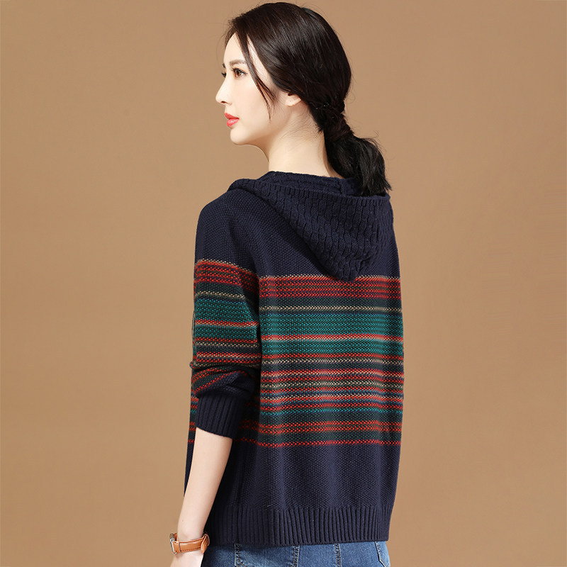 Vintage striped hooded knitted cardigan spring and autumn women's sweater coat long-sleeved top SW8800 /067