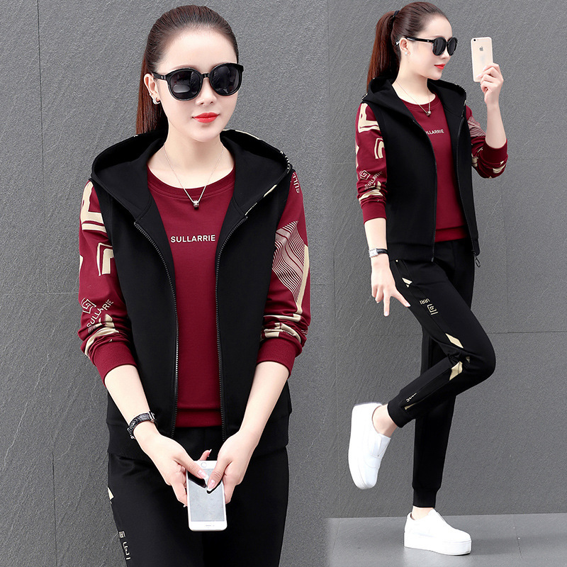 Sports suit women's spring and autumn casual vest three-piece hooded sweater sportswear 070/  S3133009