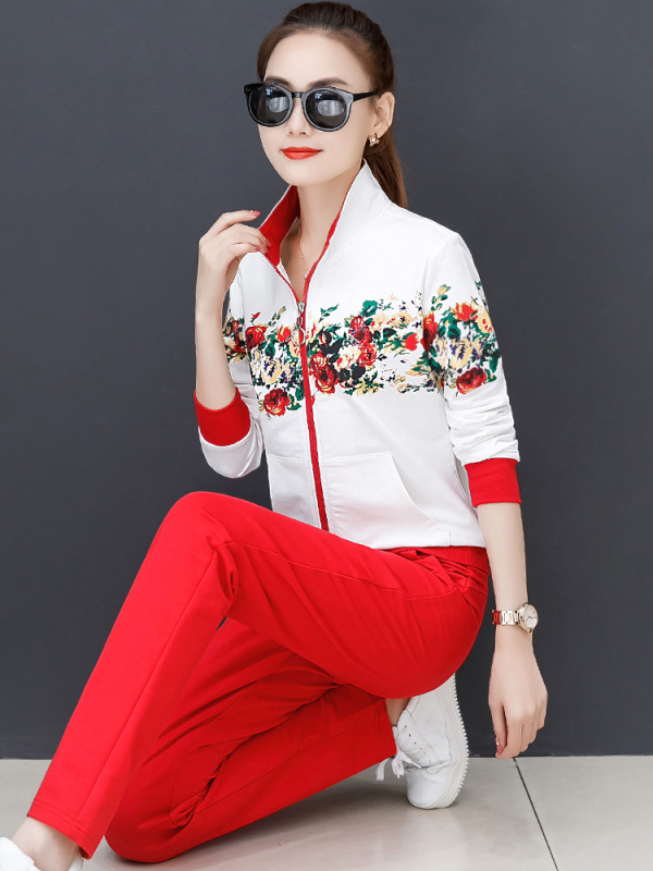 Sports suit women's spring and autumn new style women's printed standing collar sweater two-piece set 070/  S78017