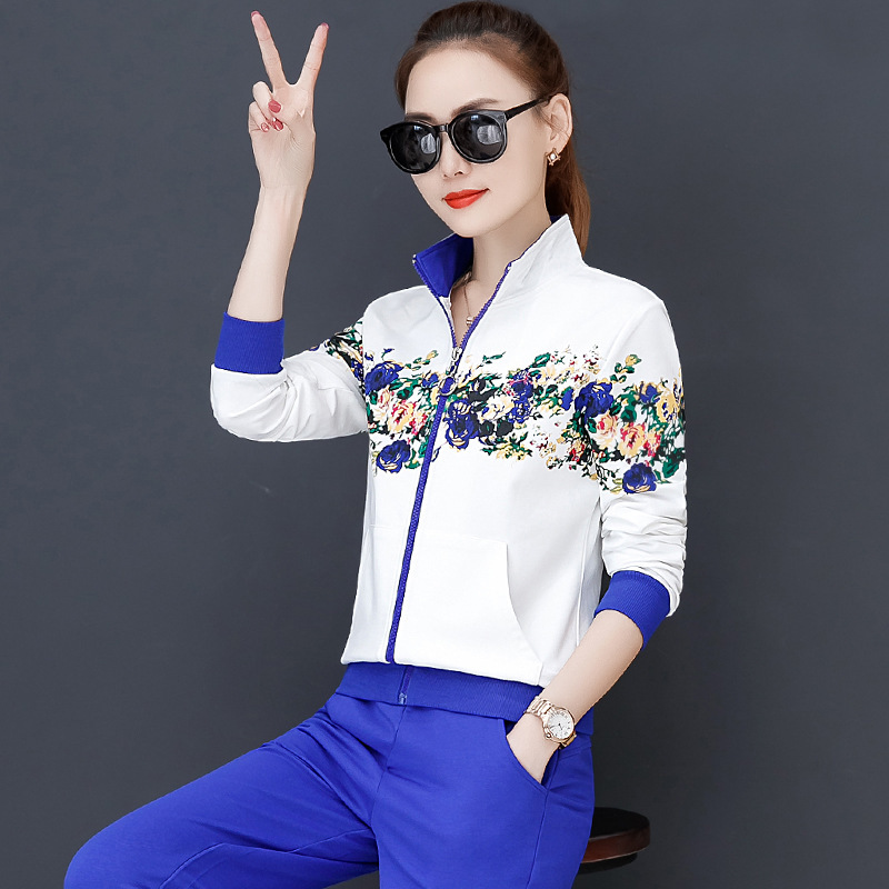 Sports suit women's spring and autumn new style women's printed standing collar sweater two-piece set 070/  S78017