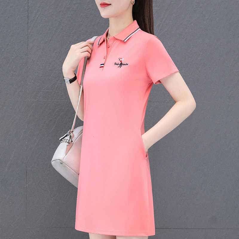 Polo collar medium length women's short sleeve dress casual red lapel waist long skirt  070/  S8221035