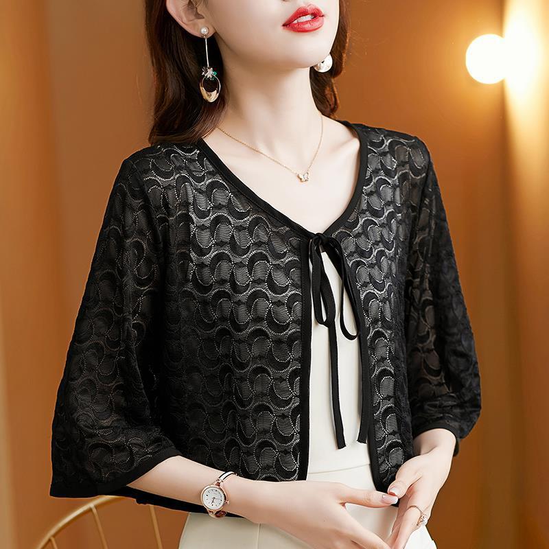 Lace cut-out women's summer short style with skirt suspender small cardigan top thin shawl coat 068/ 986196#