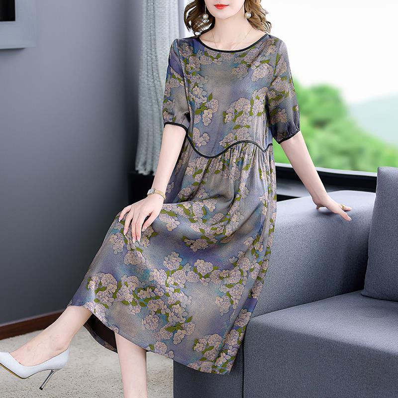 Silk imitation silk dress Women's new summer printed silk temperament skirt 068/  980656#