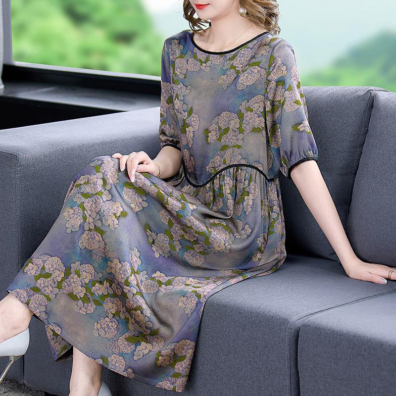 Silk imitation silk dress Women's new summer printed silk temperament skirt 068/  980656#