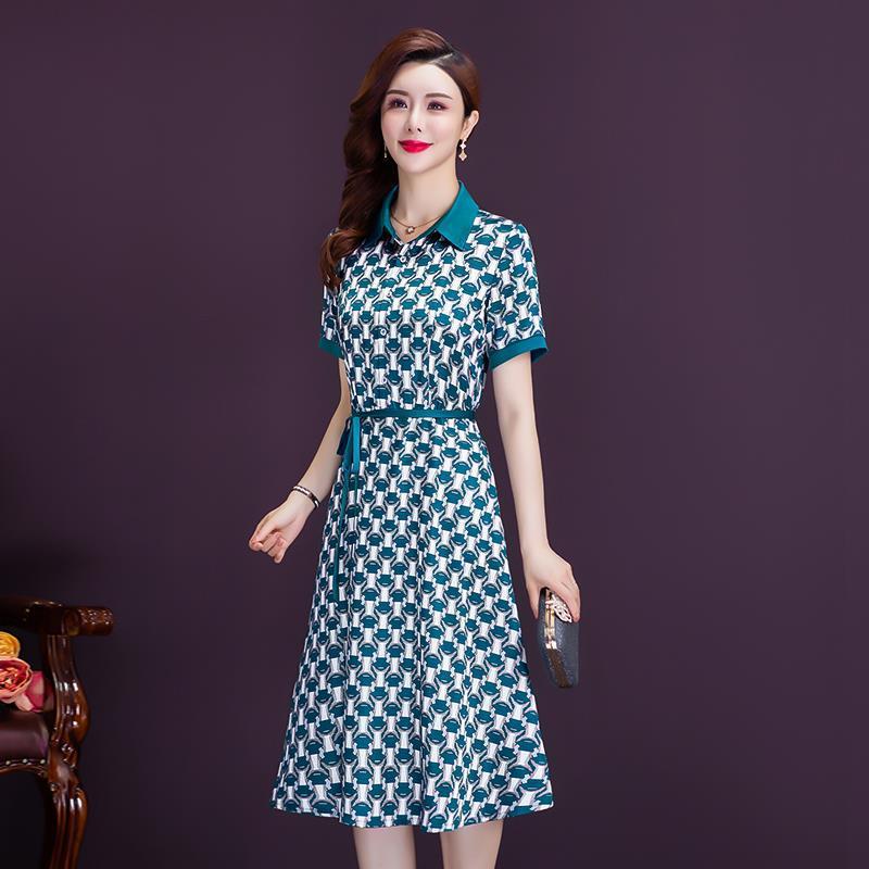 Elegant fashion dress spring women's short sleeve medium length printed waist skirt summer 068/  988619#