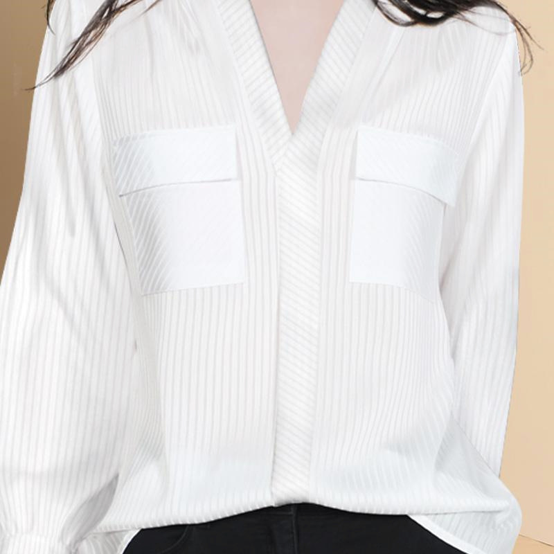 Striped white shirt Women's autumn temperament V-neck 9/4 sleeve loose casual shirt 068/ 982A0108