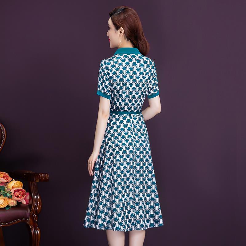 Elegant fashion dress spring women's short sleeve medium length printed waist skirt summer 068/  988619#