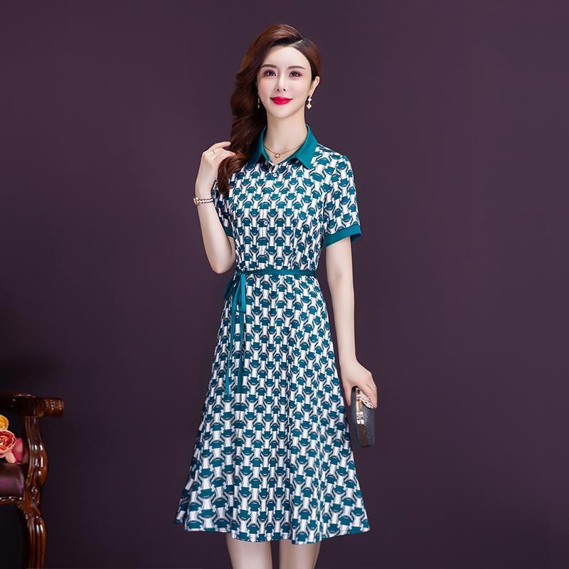 Elegant fashion dress spring women's short sleeve medium length printed waist skirt summer 068/  988619#