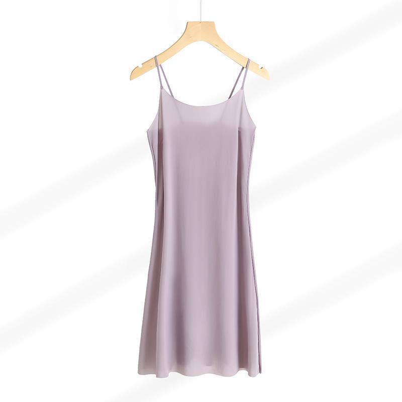 Summer Ice Silk Sexy Sleeveless Solid Color Sling Dress Women's Mid-length Anti-penetration Tank Skirt 068/ 879925#