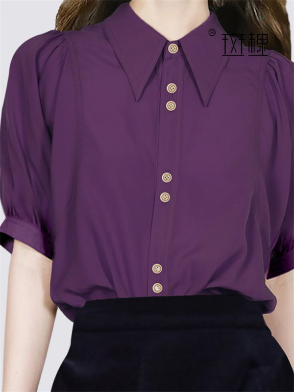 Summer new short-sleeved French fashion purple shirt Women's temperament shirt chic top 068/ 98153936