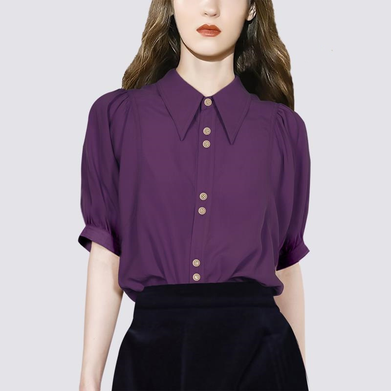 Summer new short-sleeved French fashion purple shirt Women's temperament shirt chic top 068/ 98153936