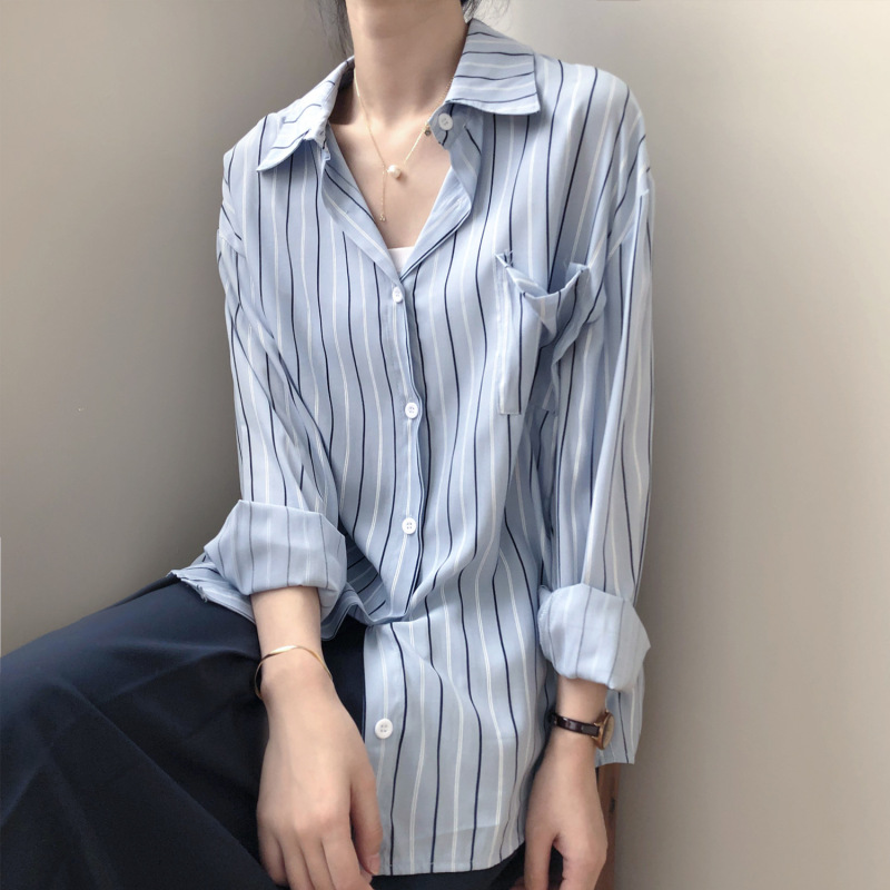 Vertical Stripe Shirt Women's Spring New Korean Design Long Sleeve Loose Shirt 5930/071