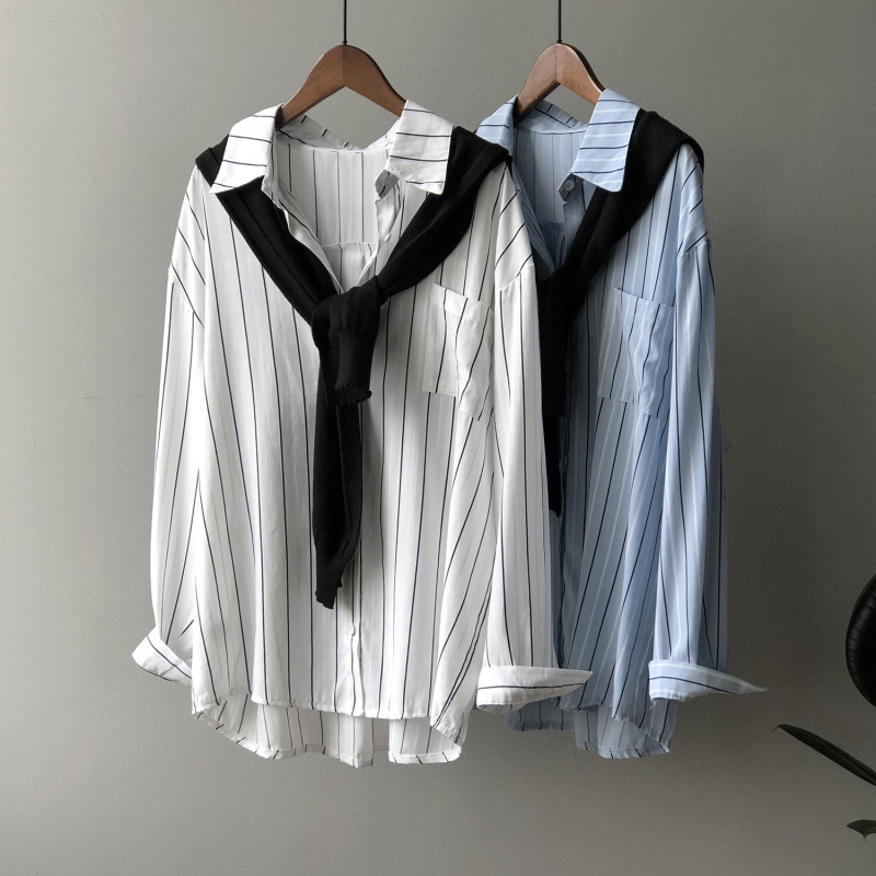 Vertical Stripe Shirt Women's Spring New Korean Design Long Sleeve Loose Shirt 5930/071