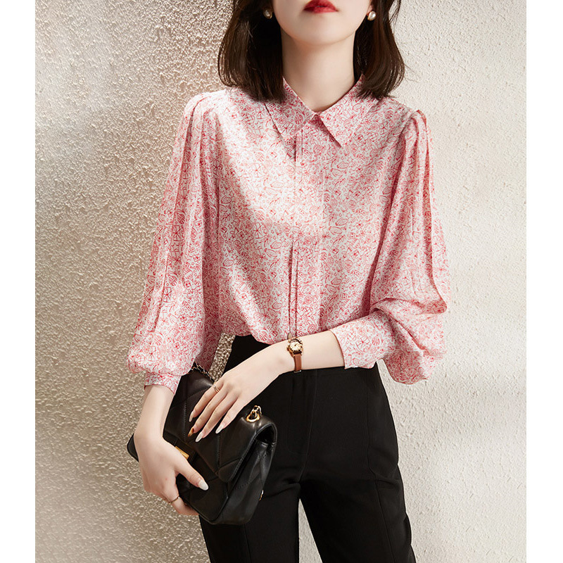 Spring new vintage fashion floral lapel sleeve printed women's shirt 072/ W26S26949