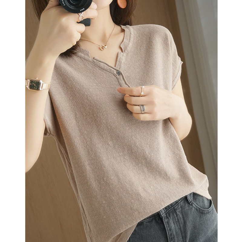 Summer new V-neck short-sleeved t-shirt loose and thin top for women 072/ W26S31953