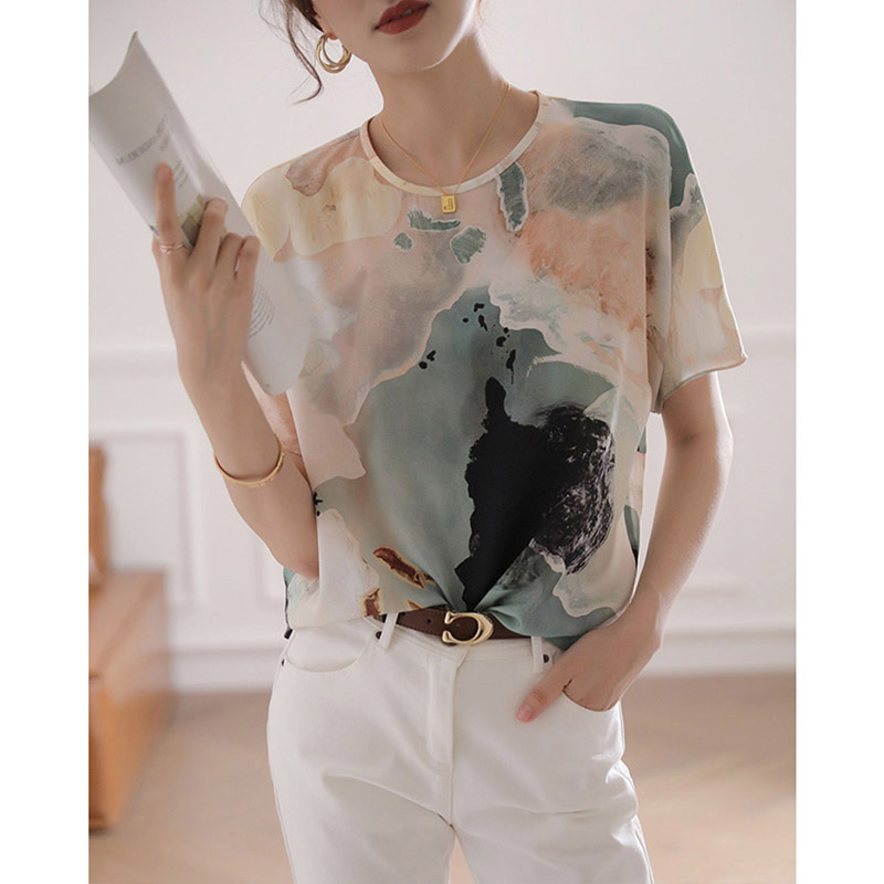 Summer new round neck women's mixed color flowing loose shirt short sleeve T-shirt 072/ W26S0B0069