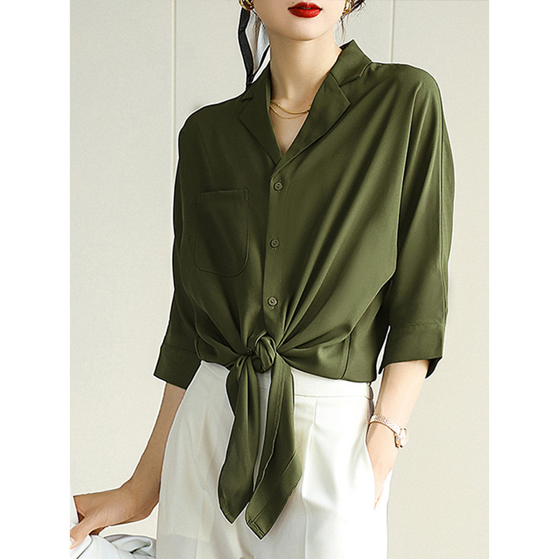 Summer new style lapel solid color shirt Women's loose French vintage casual top 072/ W26S16024