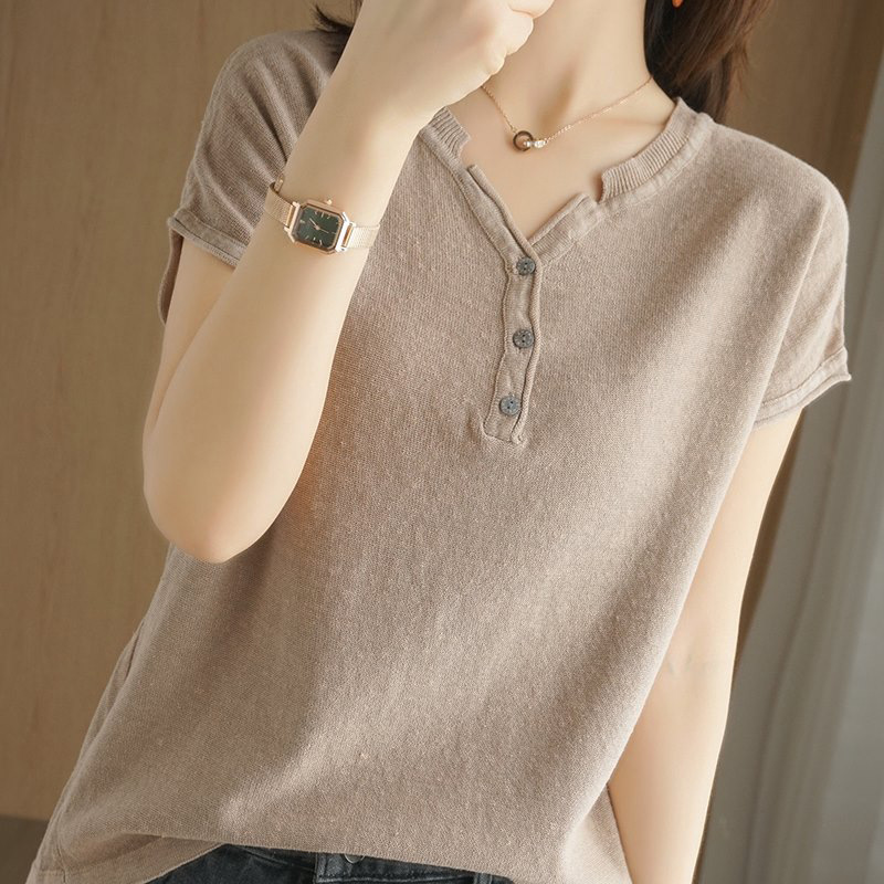 Summer new V-neck short-sleeved t-shirt loose and thin top for women 072/ W26S31953