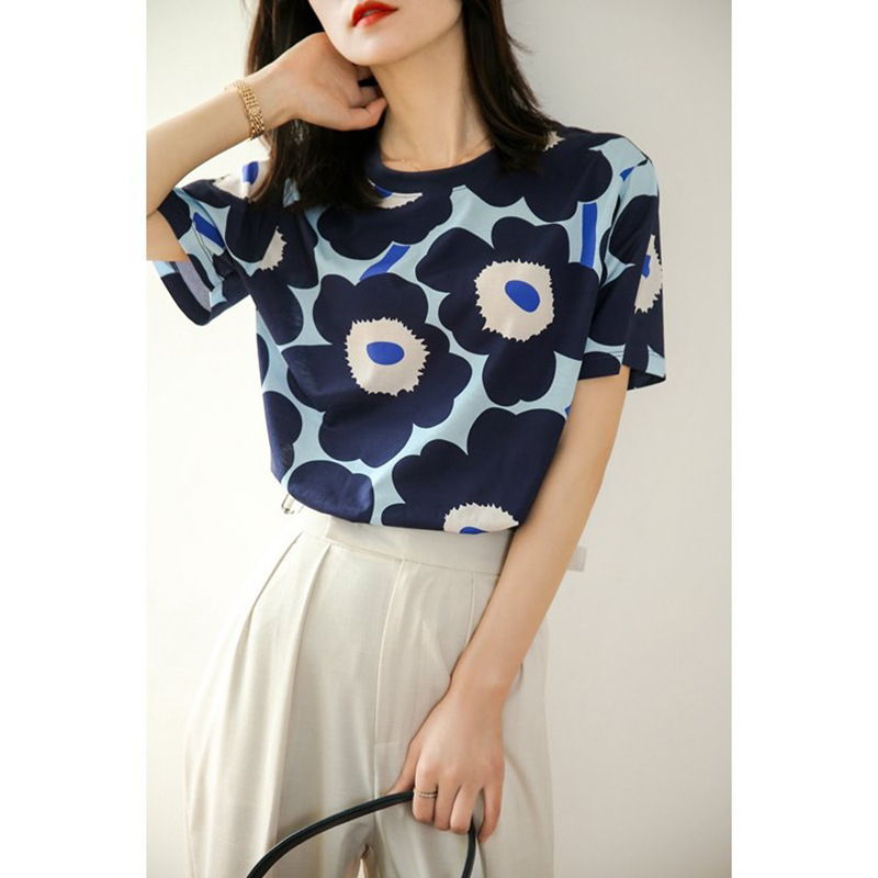 Summer new round neck printed short-sleeved T-shirt with loose and versatile top 072/ W26S22562