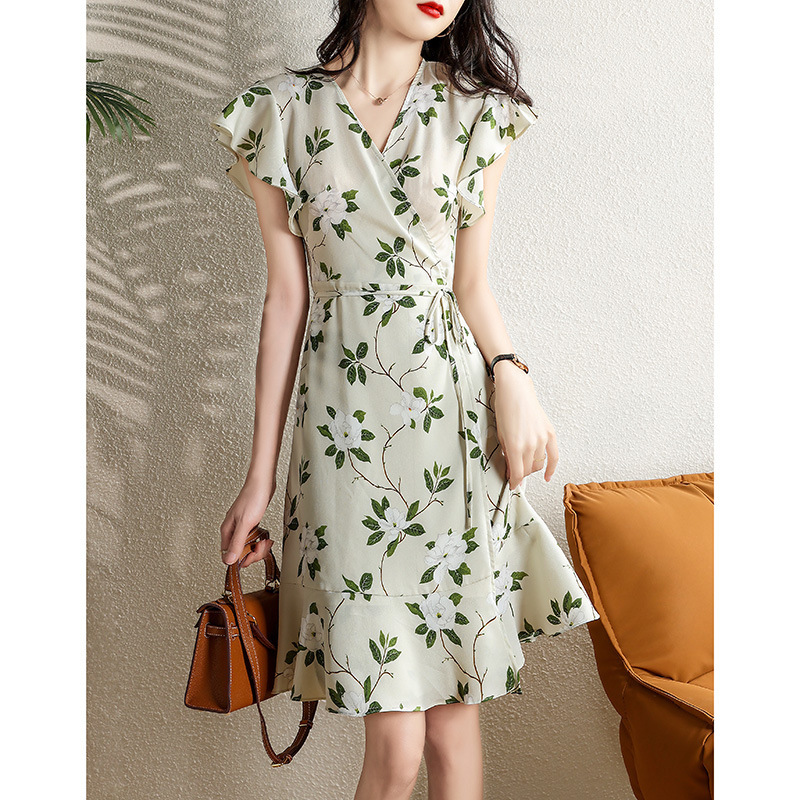 Summer new floral V-neck silk dress with summer waist floral skirt 072/ W26Q15403