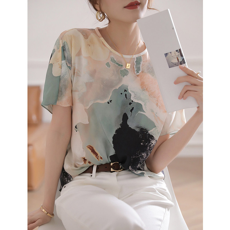 Summer new round neck women's mixed color flowing loose shirt short sleeve T-shirt 072/ W26S0B0069