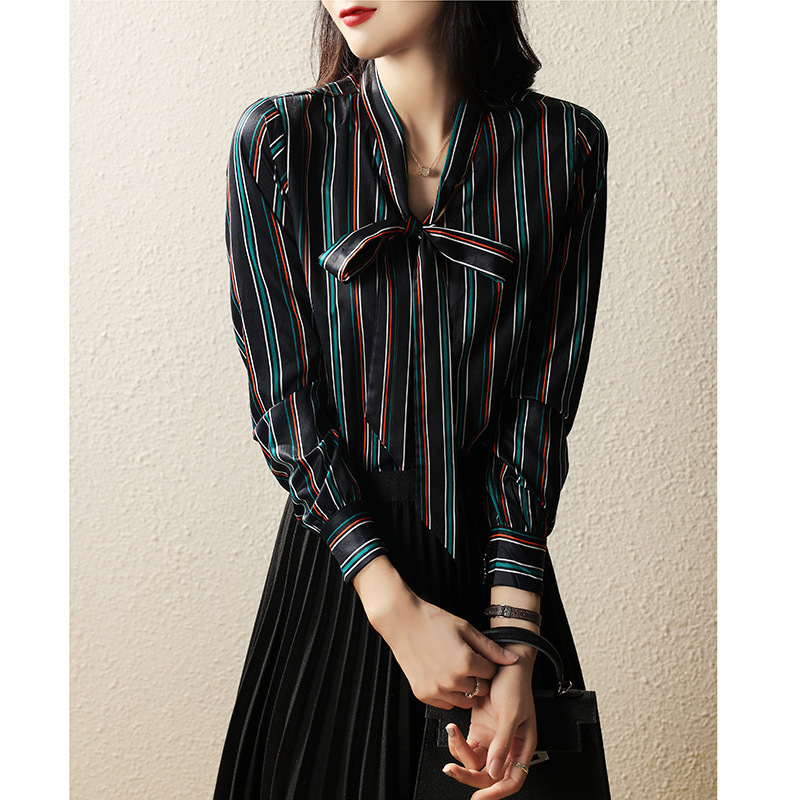 Striped shirt Women's autumn and winter new style French light luxury high-grade ribbon collar top long-sleeved shirt 072/ W26S7B0195