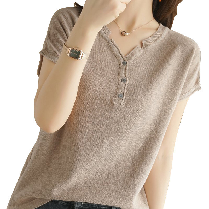 Summer new V-neck short-sleeved t-shirt loose and thin top for women 072/ W26S31953