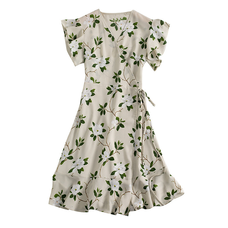Summer new floral V-neck silk dress with summer waist floral skirt 072/ W26Q15403