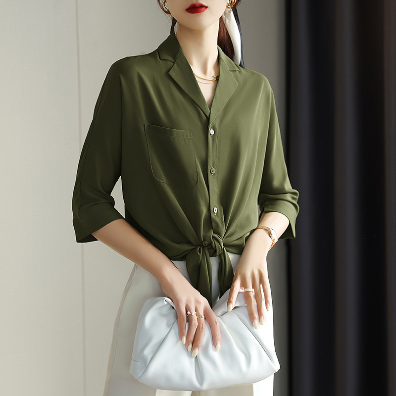 Summer new style lapel solid color shirt Women's loose French vintage casual top 072/ W26S16024